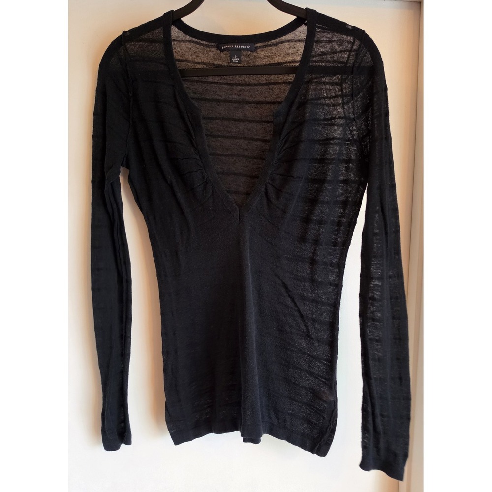 Banana Republic Womens S Black V-Neck Cotton Henley Long Sleeve Sweater Top Y2K